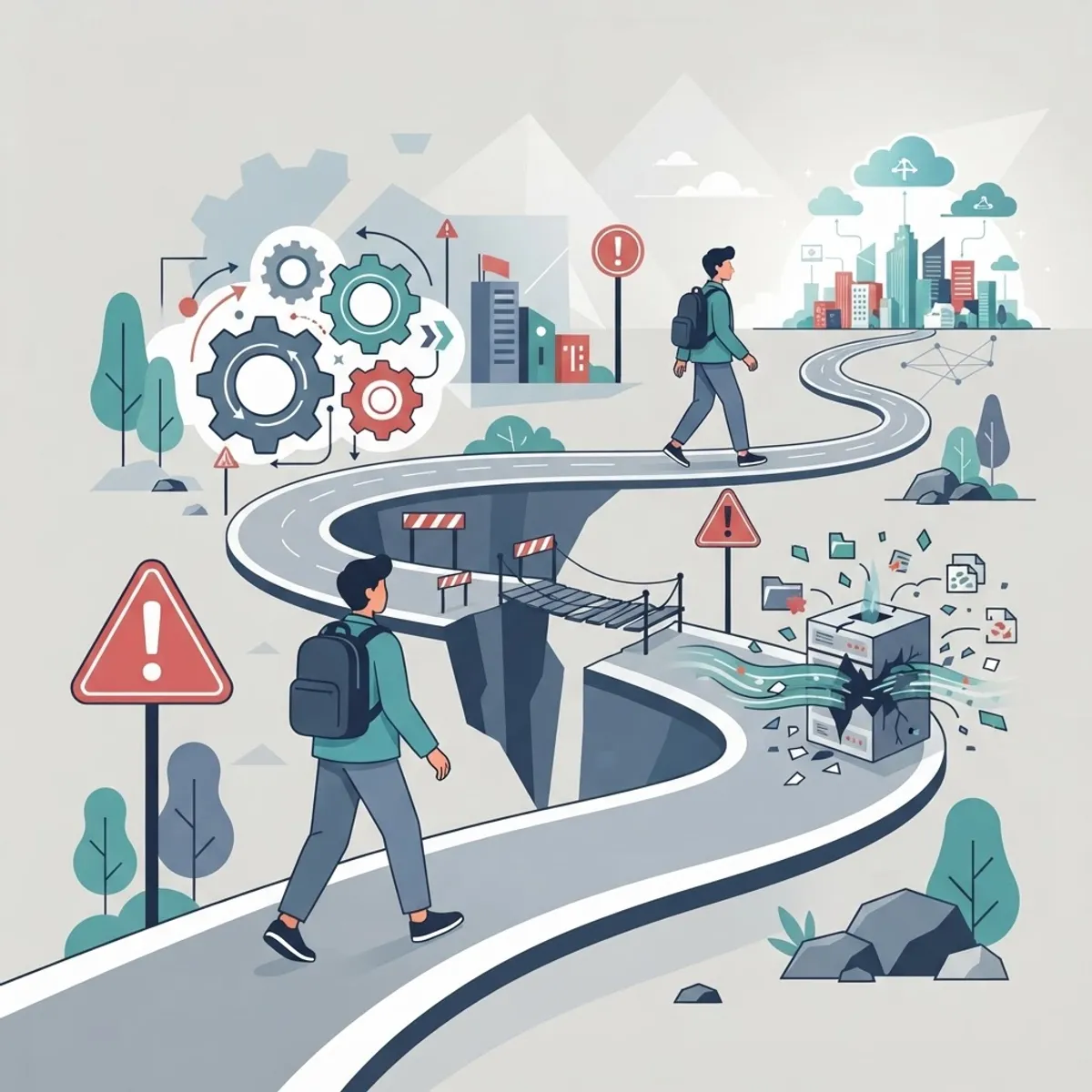 Winding path with warning signs illustrating technology adoption pitfalls