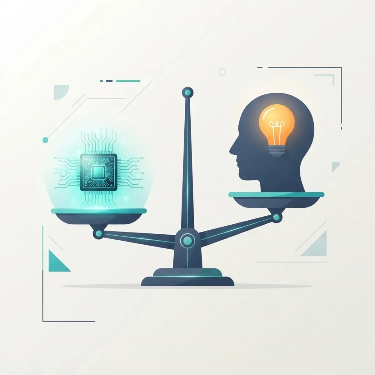 Balance scale weighing a microchip against human reasoning and common sense