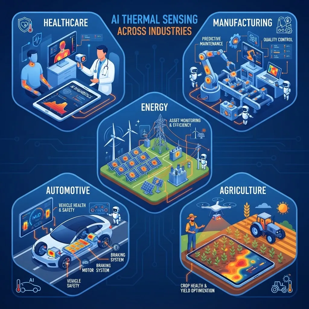 Industries using thermal sensor AI including healthcare and manufacturing