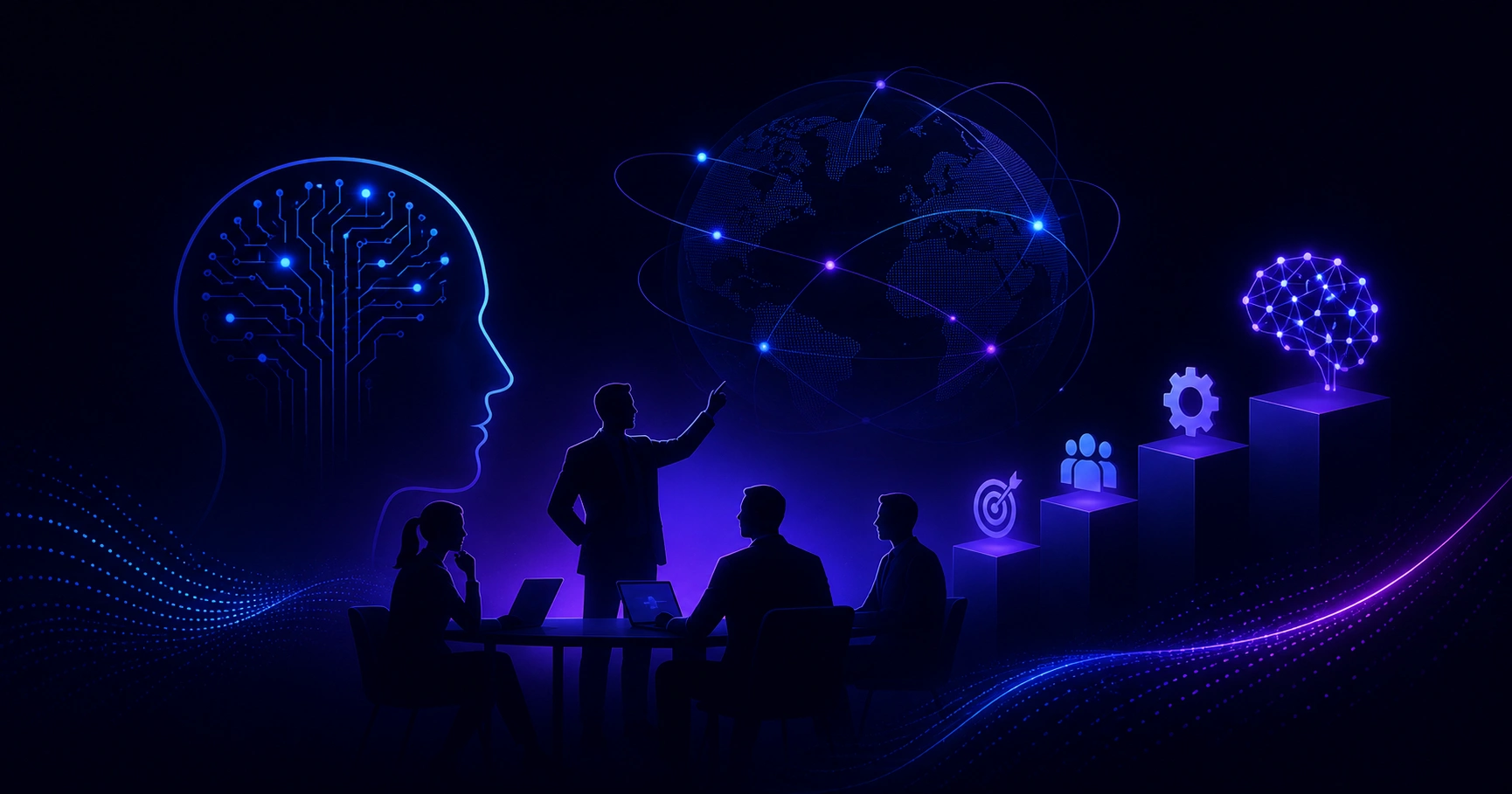 AI strategy consultant collaborating with holographic data dashboards