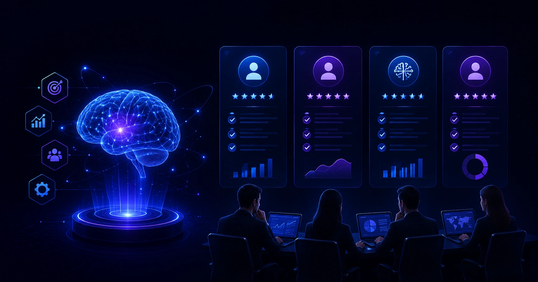 AI strategy consulting team reviewing a holographic AI brain and data charts