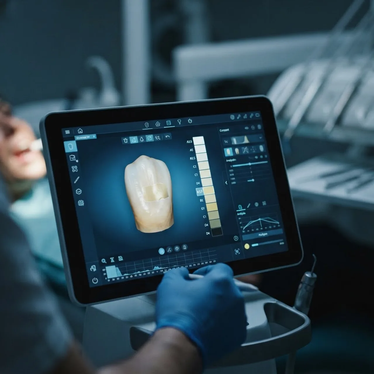 AI-powered digital shade measurement on a 3D tooth model