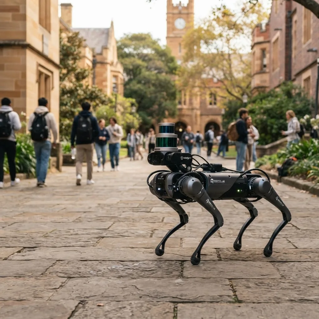 Mid-range quadruped robot dog with lidar walking outdoors