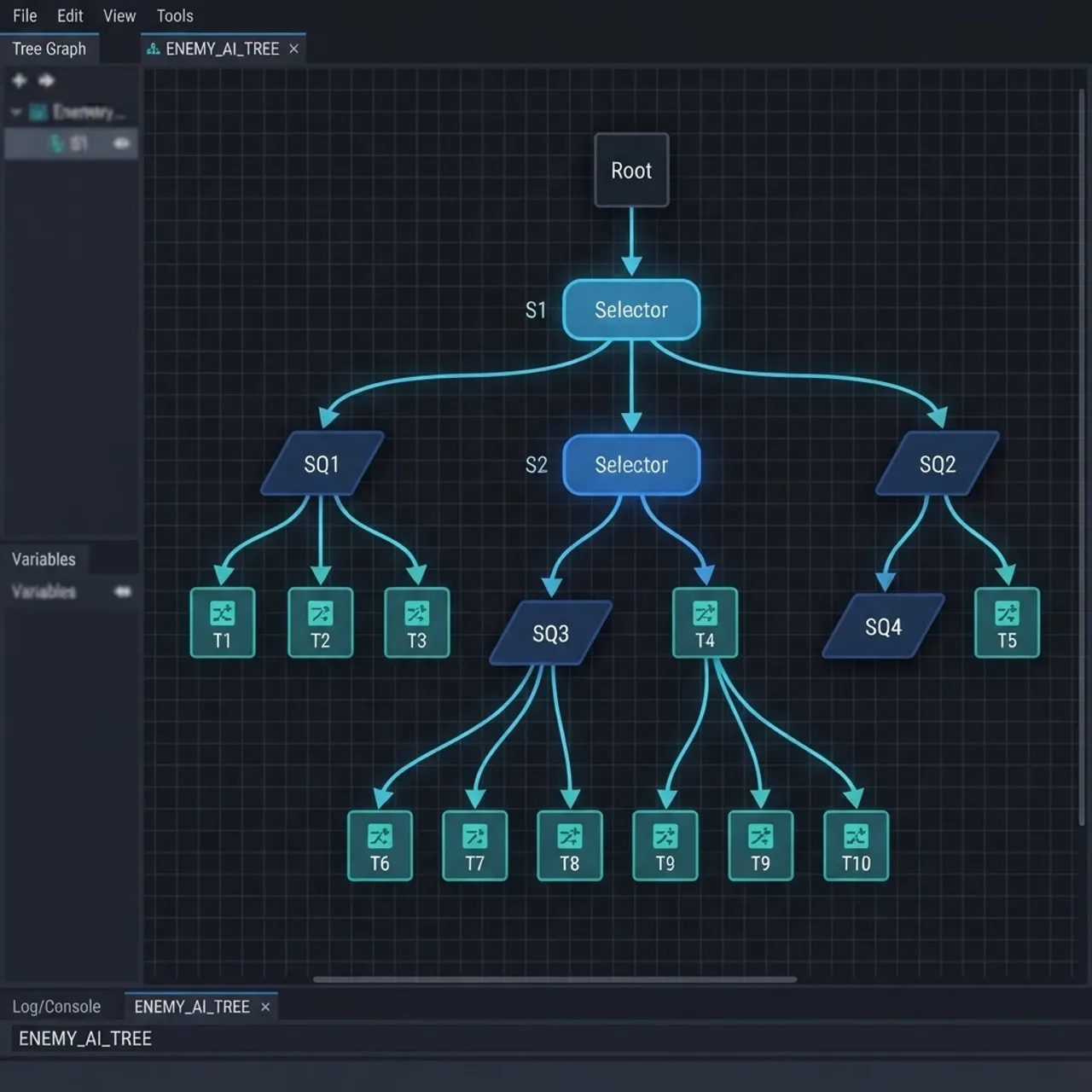 Game AI behavior tree diagram with connected nodes