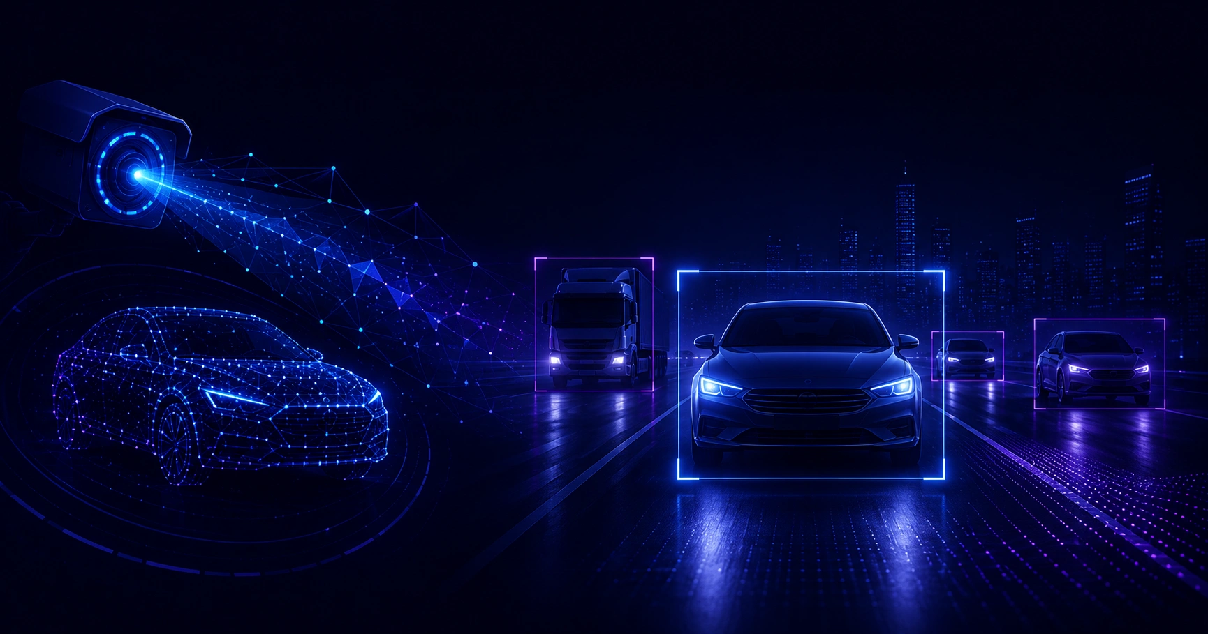 AI vehicle recognition system scanning cars on a city street