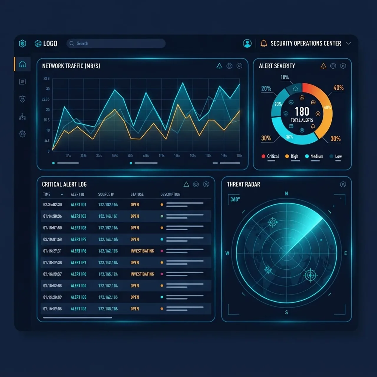 Security monitoring dashboard with severity chart, alert list, and scanning indicator