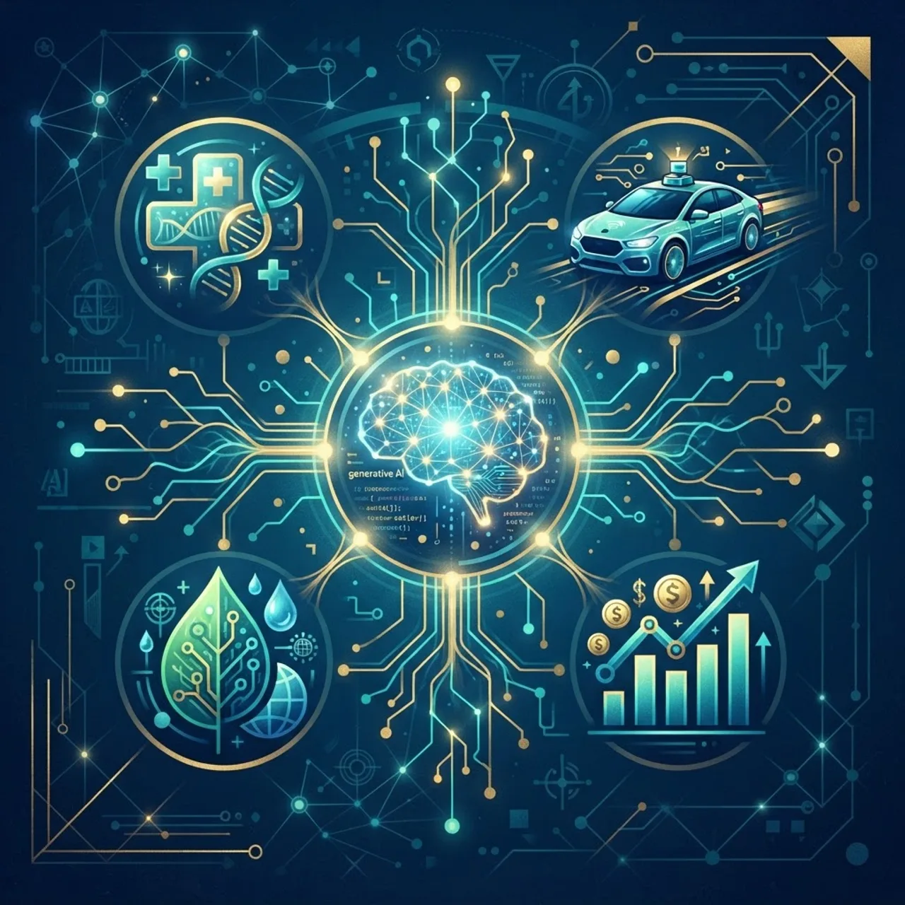Key AI festival themes connected by neural network lines