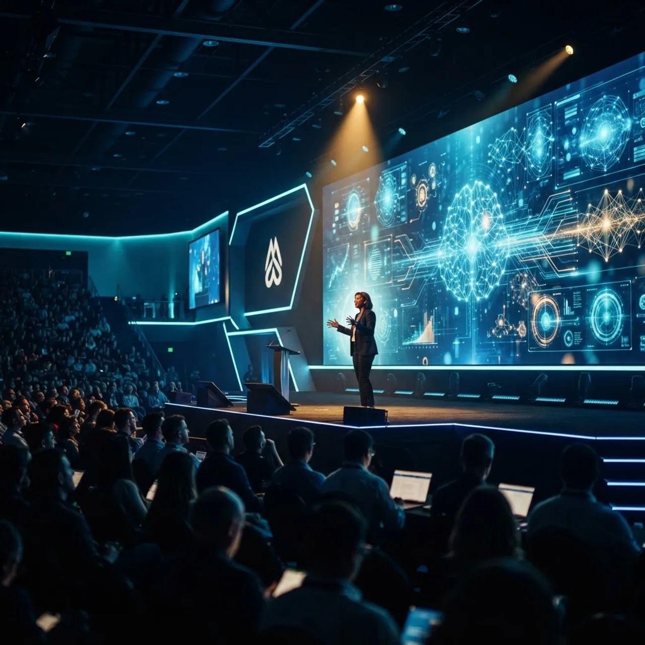 Keynote speaker on the main conference stage with AI visuals