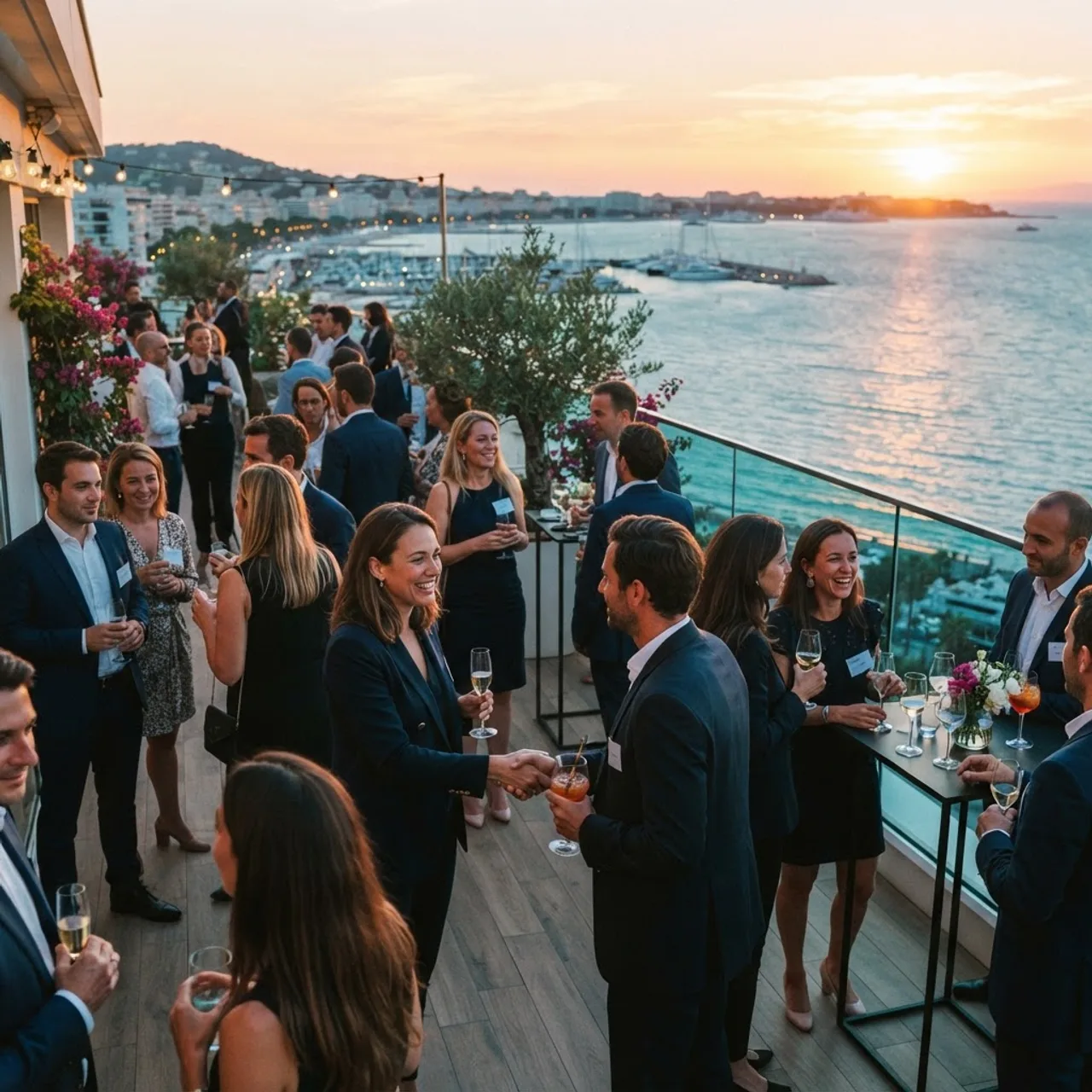 Professionals networking on a Cannes terrace at golden hour