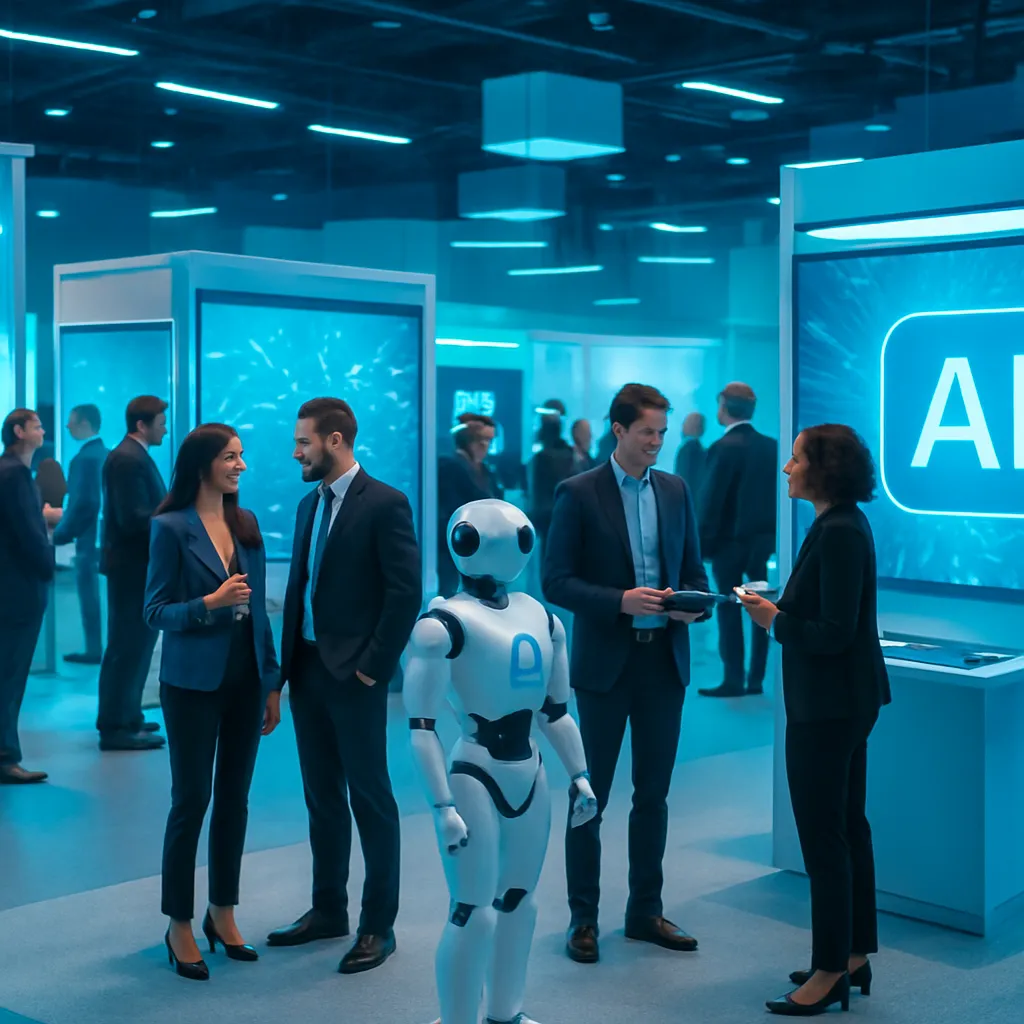 AI startup expo floor with booths and demos