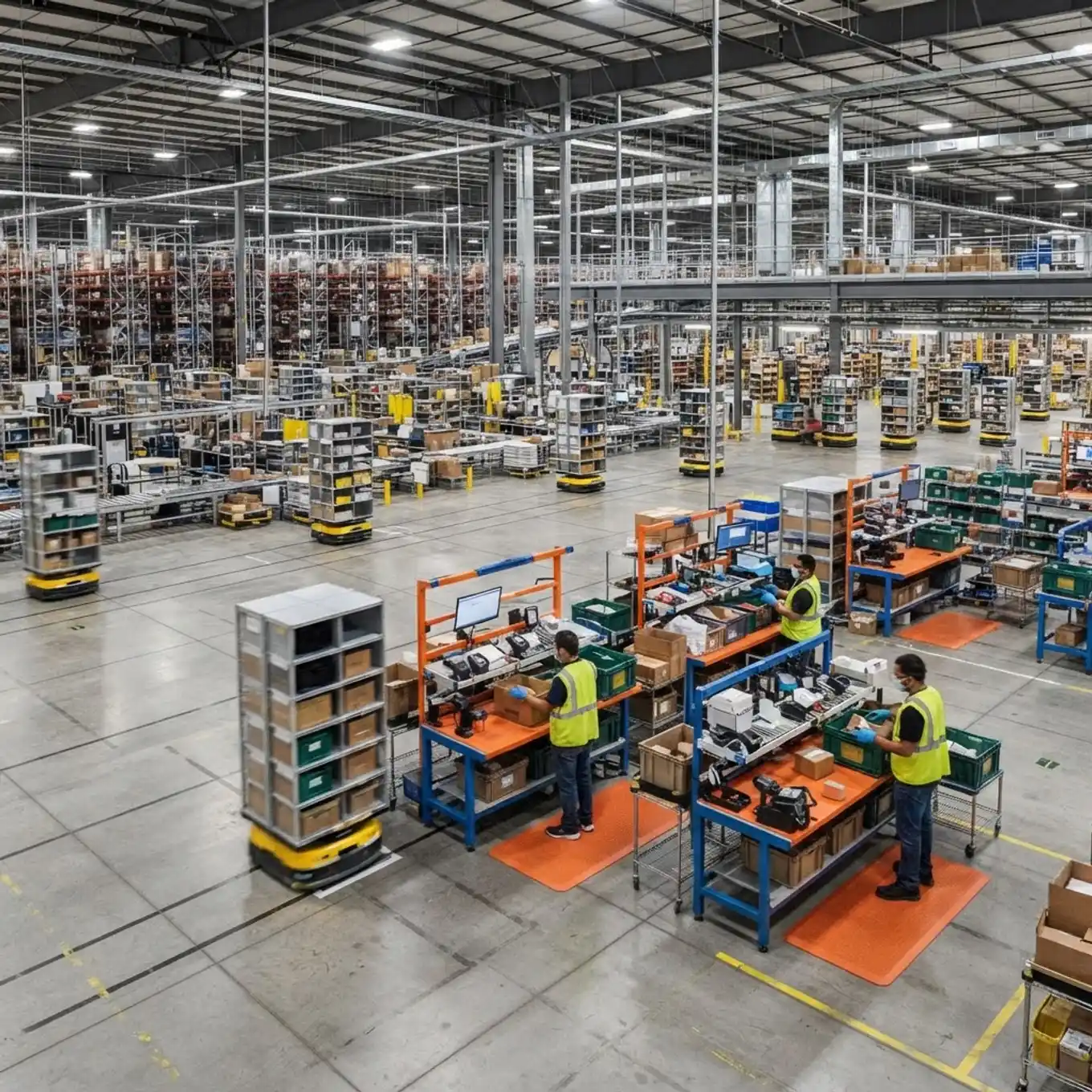 Warehouse robots delivering shelves to human picking stations