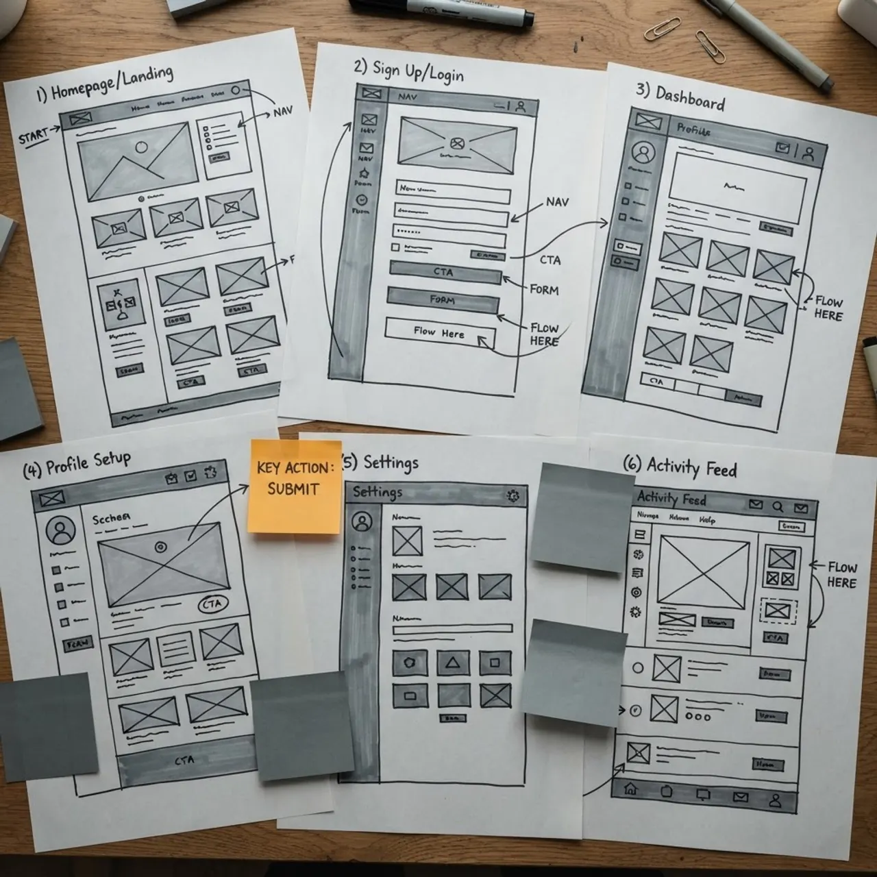 Wireframes and user flow mapping on a desk