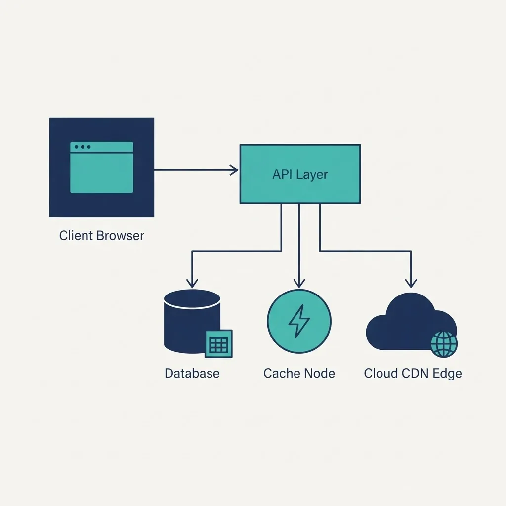 Web application architecture diagram with client, API, database, and CDN