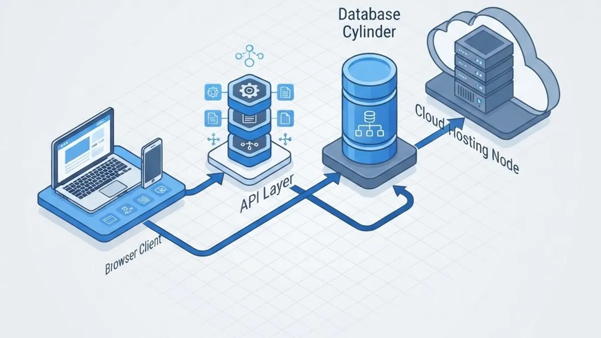 Web application architecture diagram with browser, API layer, database, and cloud hosting