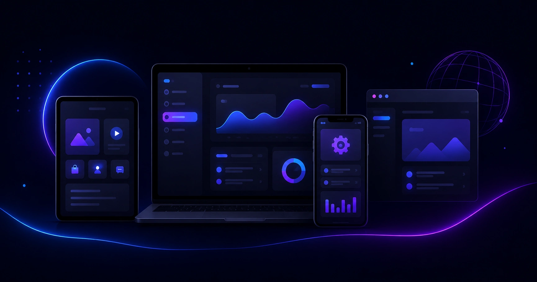 Illustration of web application examples shown on laptop and tablet dashboards