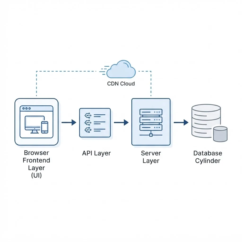 Web application architecture diagram showing frontend, API, server and database layers