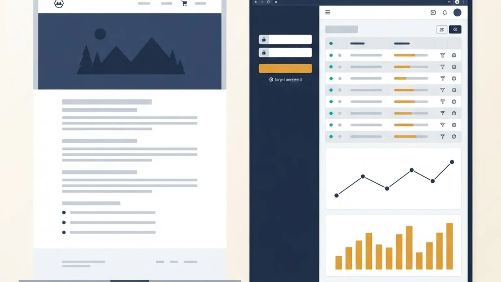 Comparison of a static website page next to a dynamic web application dashboard