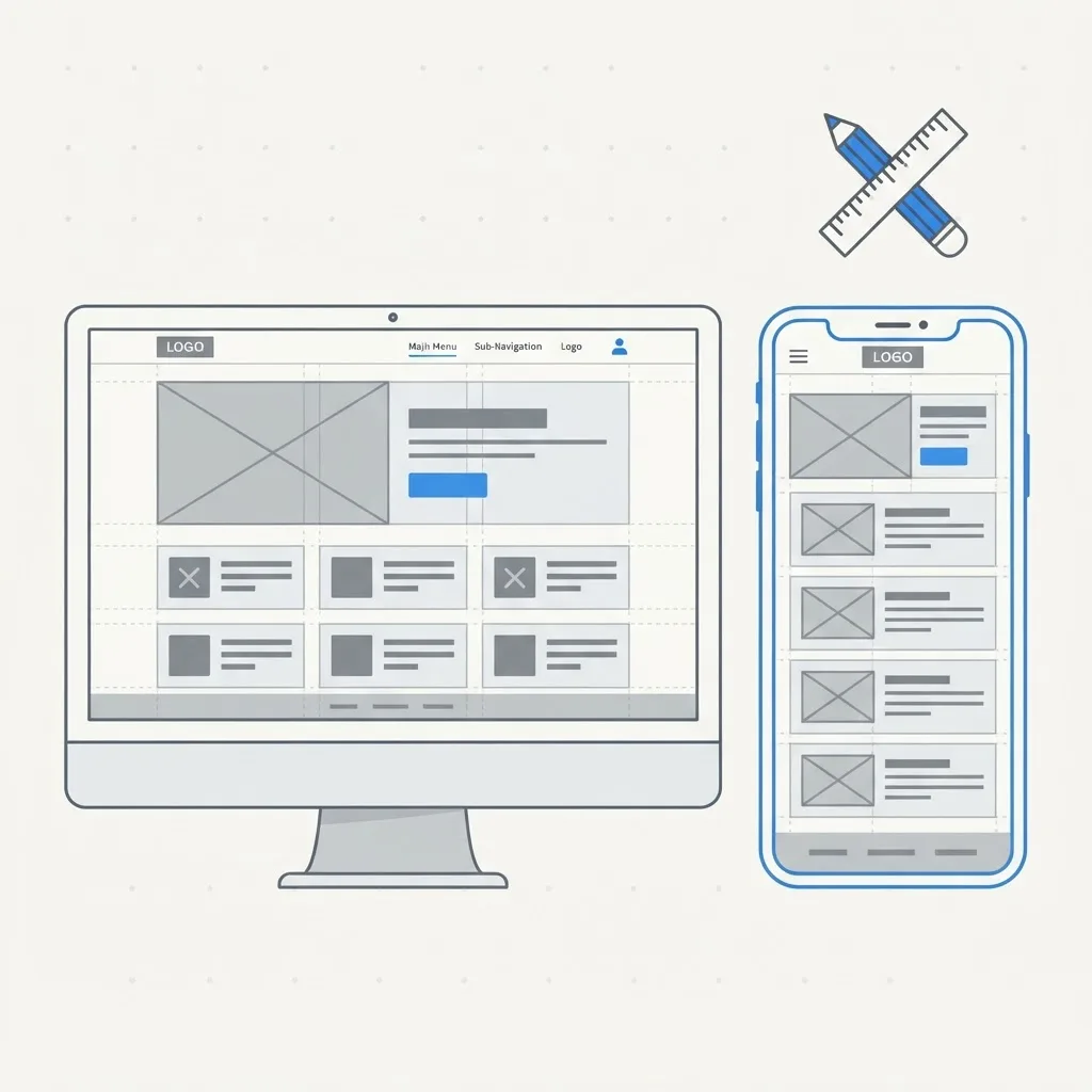 Low fidelity wireframes for desktop and mobile web app screens