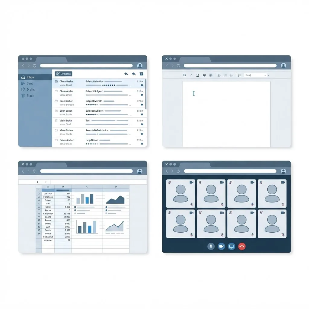 Browser windows showing common web based application examples
