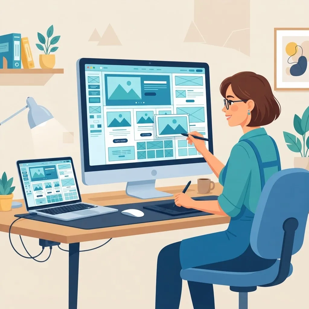 Web designer arranging visual layout blocks for a website interface