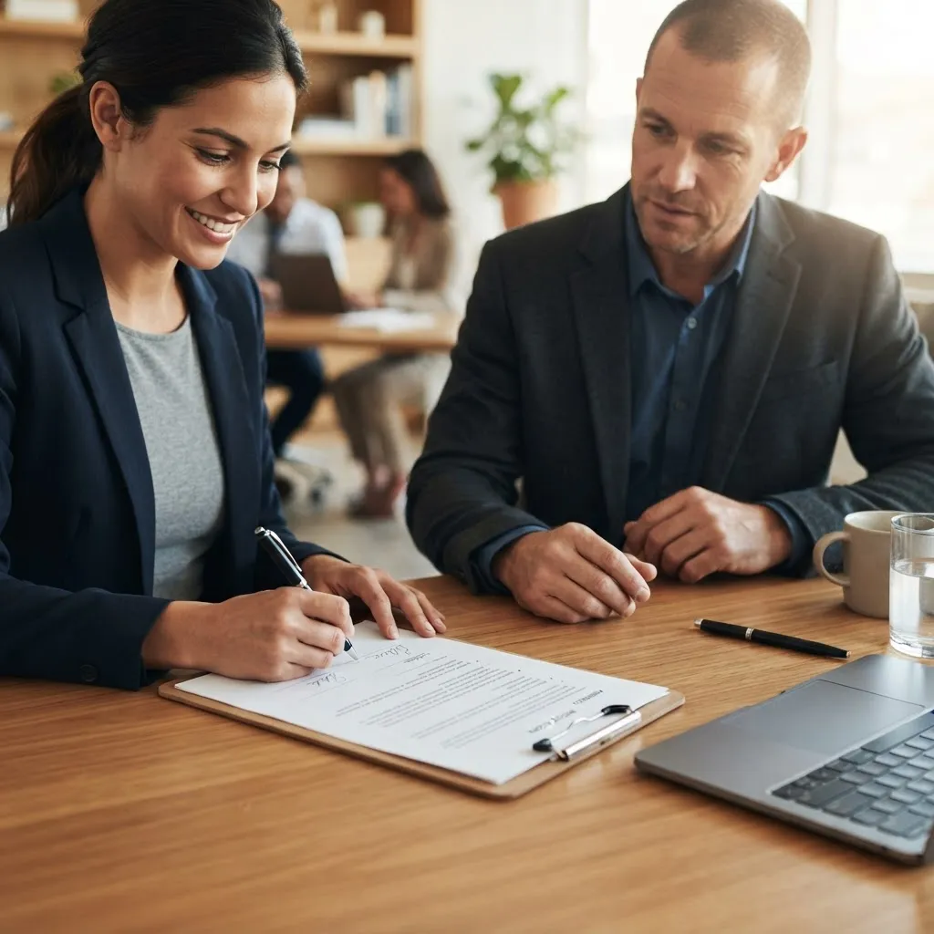 Two professionals reviewing and signing a web development project scope agreement