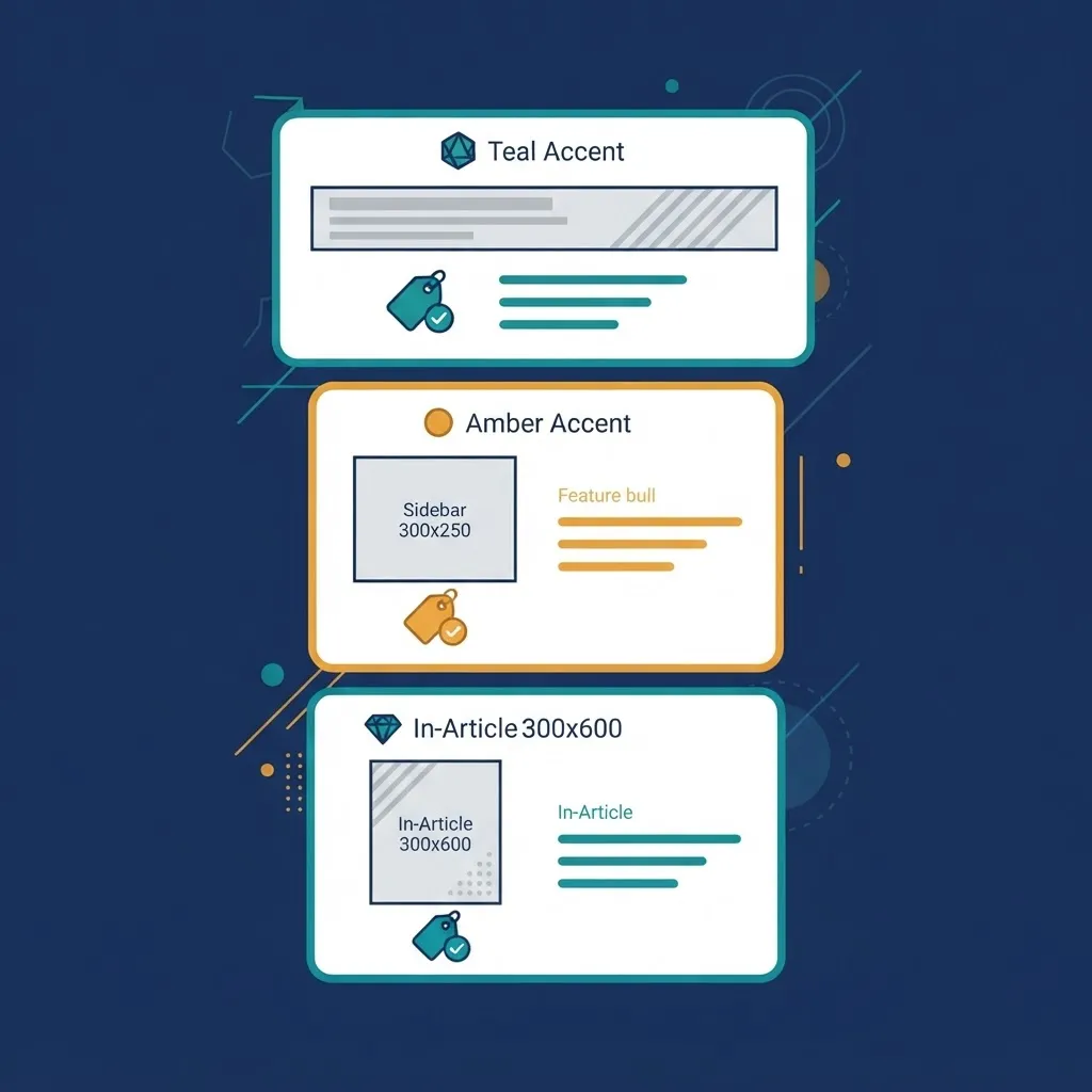 Website ad rate card with pricing tiers for banner and in-article slots