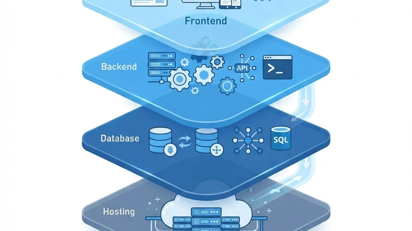 Technologie-Stack einer Website mit Frontend, Backend, Datenbank und Hosting