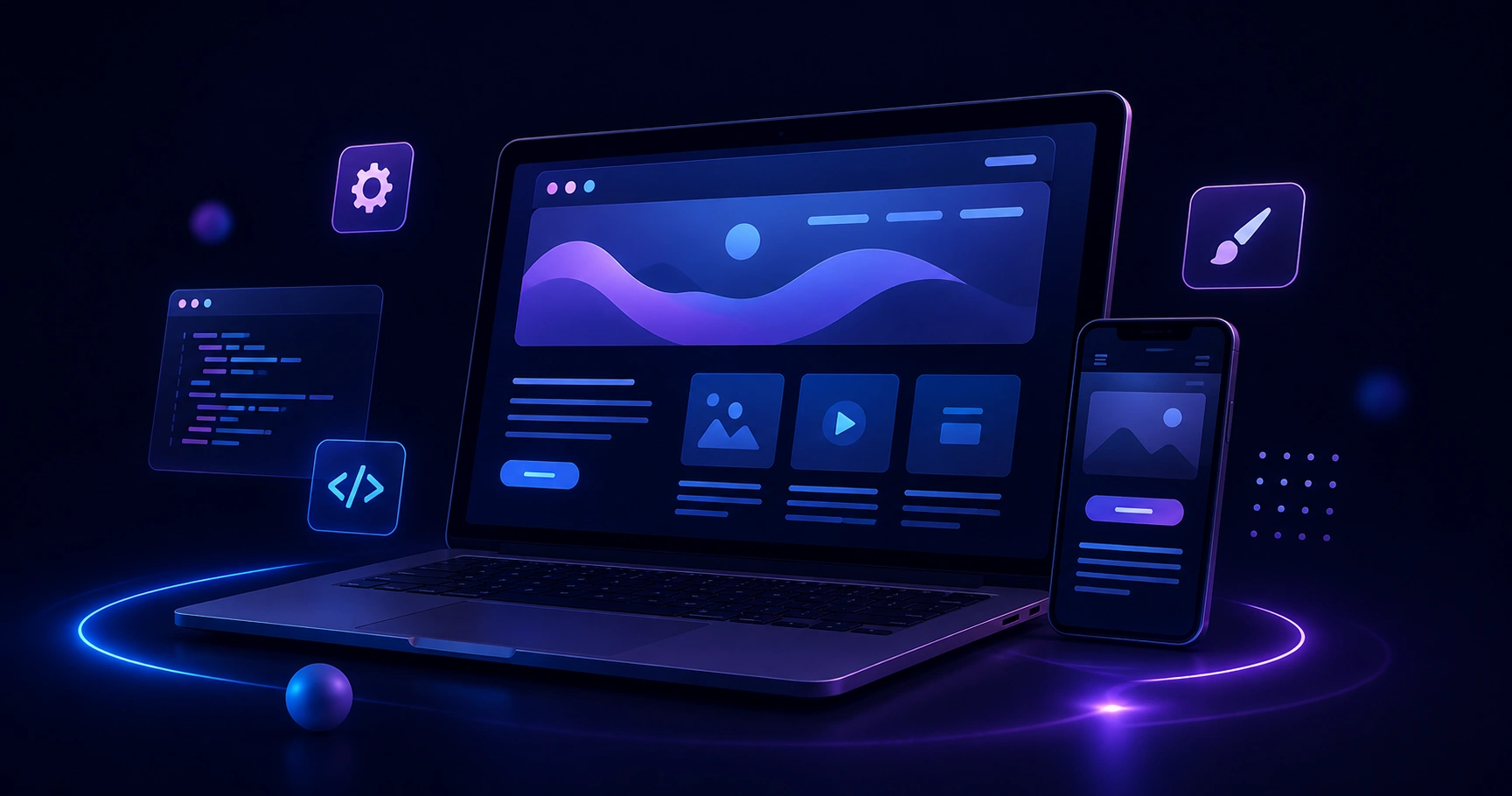 Moderne Website Entwicklung am Arbeitsplatz mit Wireframe und Code-Editor