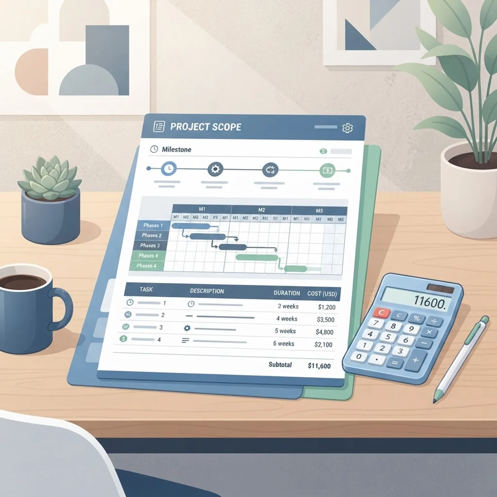 Website project scope and pricing breakdown with milestone timeline