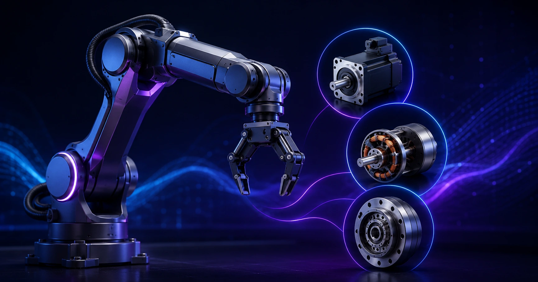 Industrial six-axis robot arm with visible joint motor housings