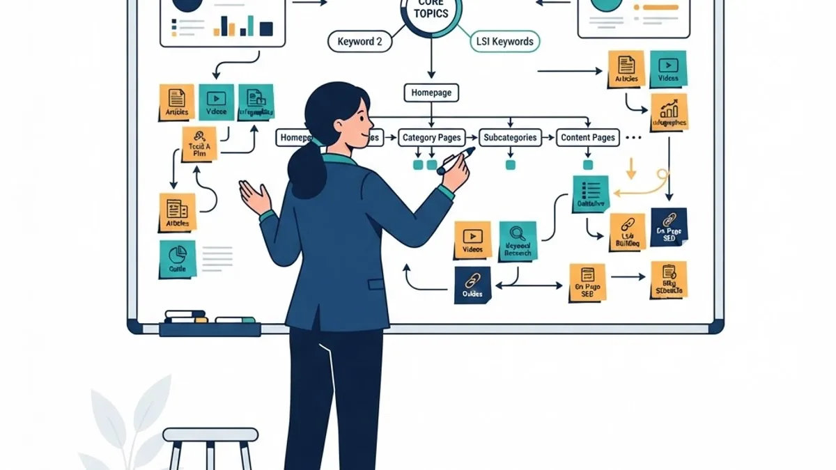 SEO specialist mapping keyword clusters and site structure on a whiteboard