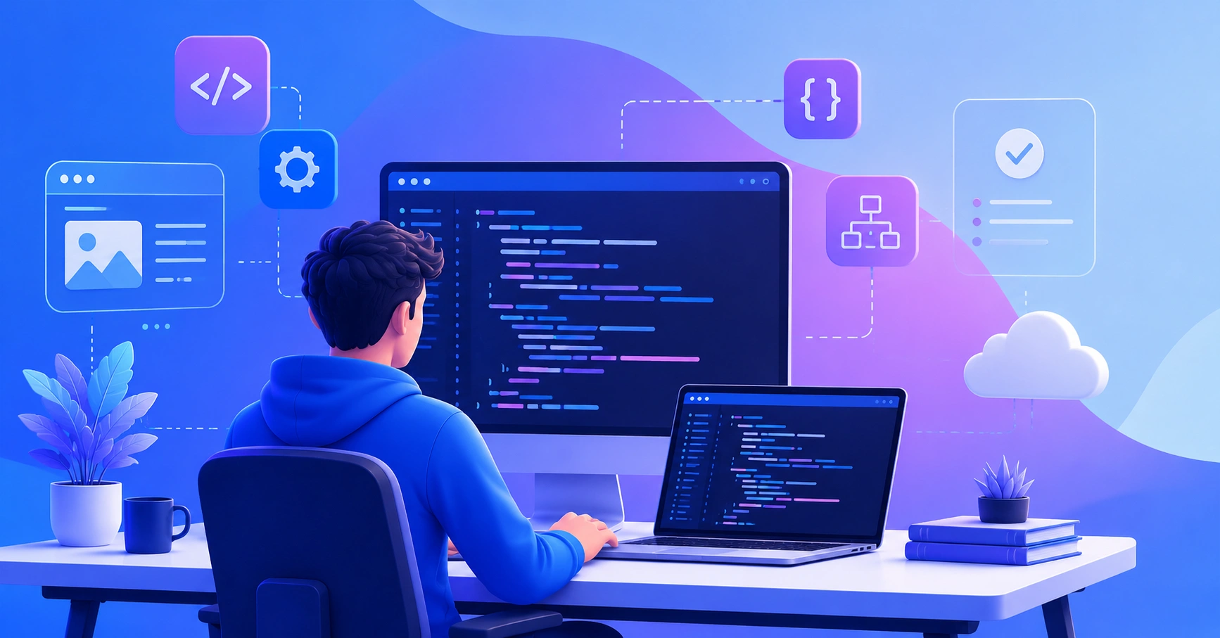 Developer working at a desk with code and a task board