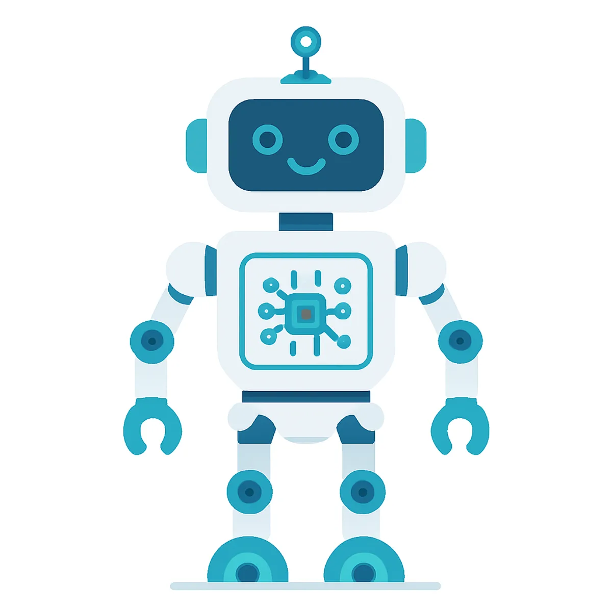 Friendly humanoid robot showing sensors motors and electronic brain