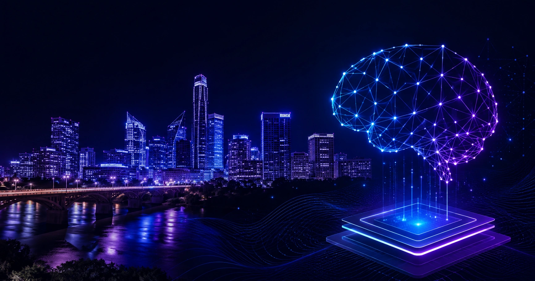 Austin skyline with neural network overlay representing the city's machine learning ecosystem