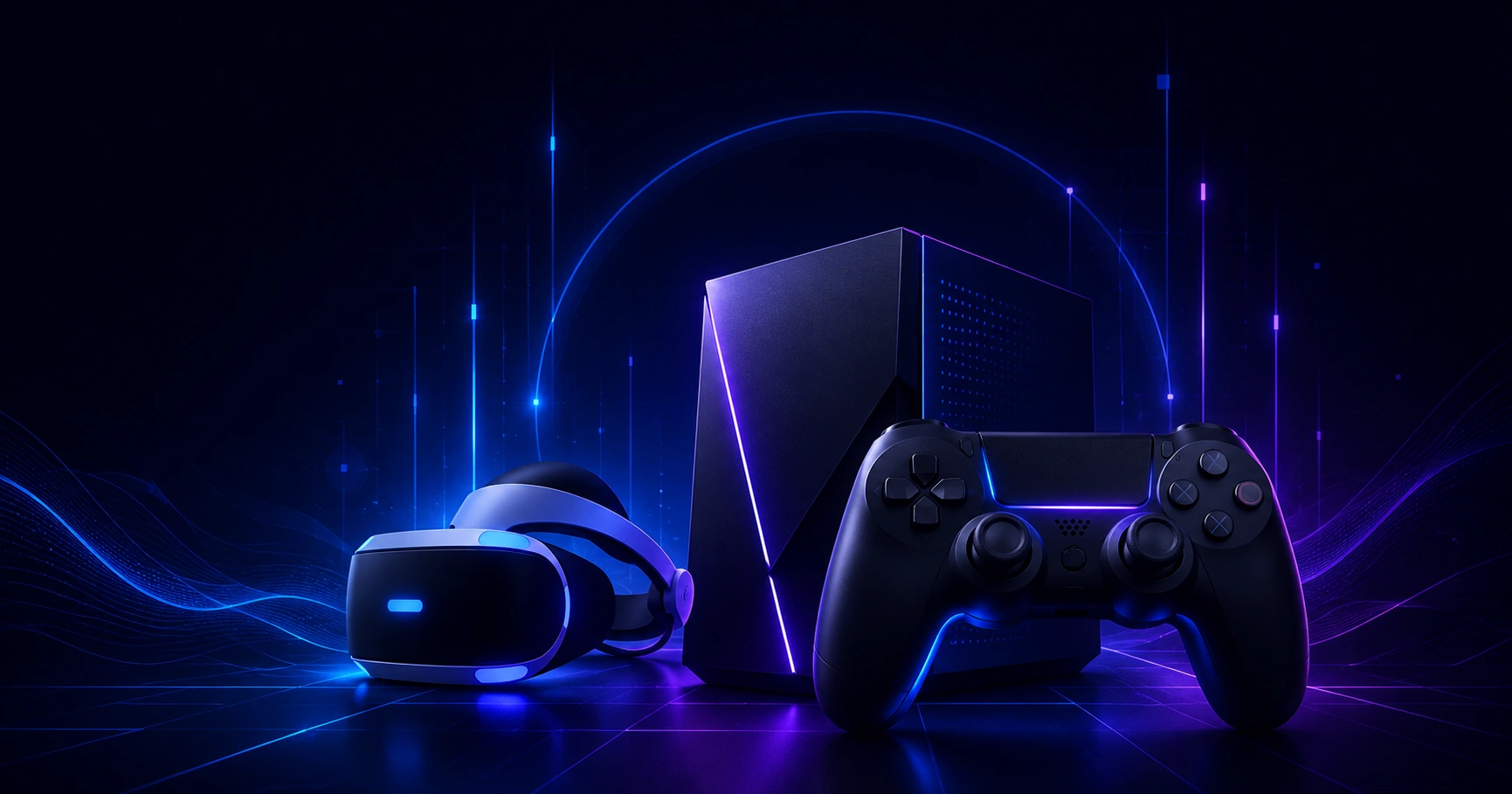 Next-generation gaming technology setup with controller, PC and curved monitor