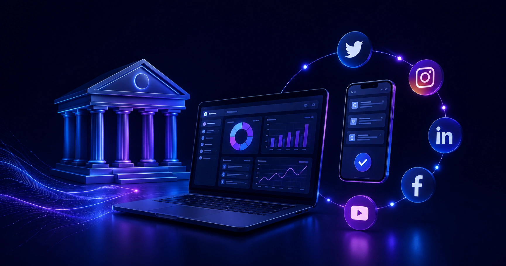 Bank marketing team reviewing a social media management dashboard