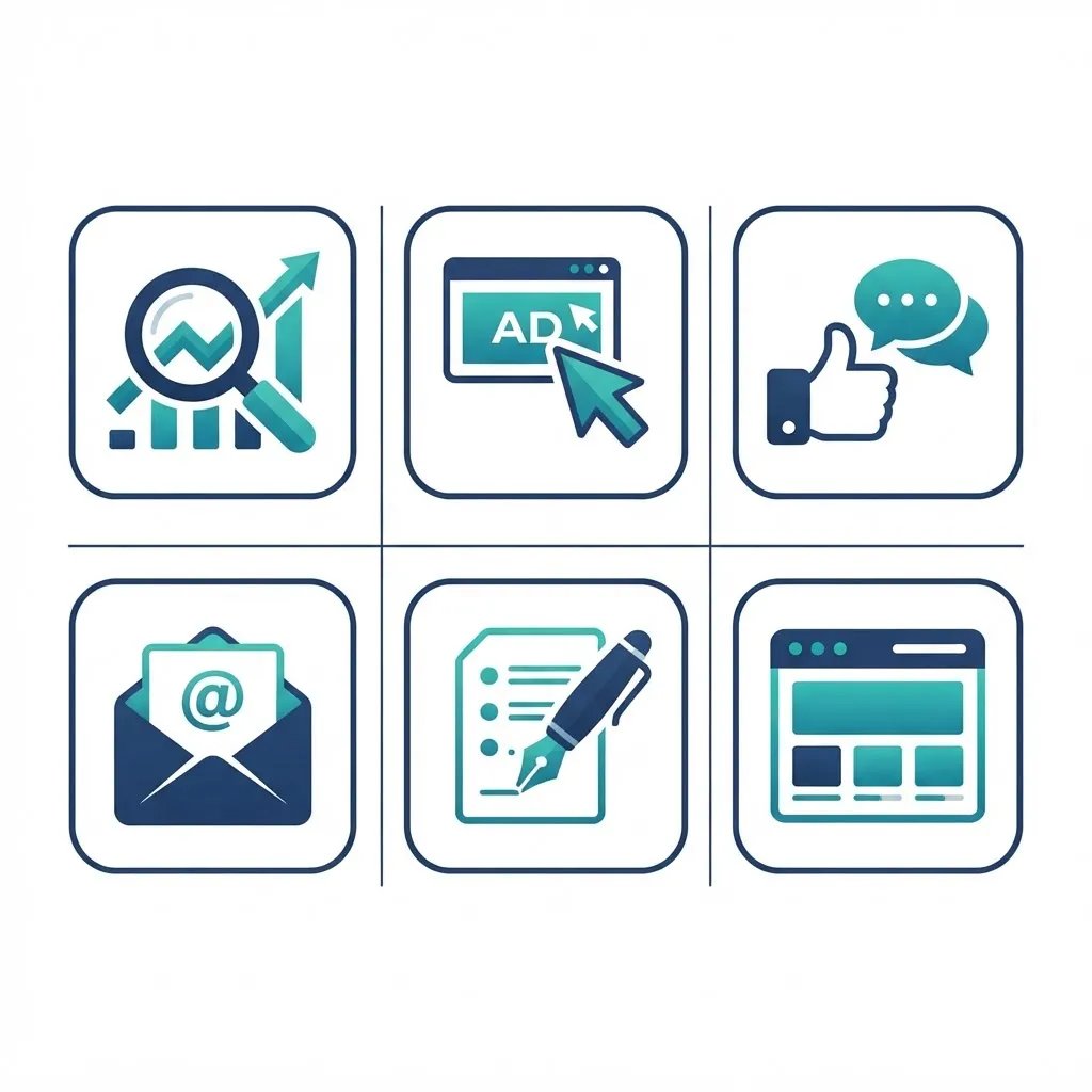 Grid of digital marketing service icons including SEO, PPC, social media, email, and content