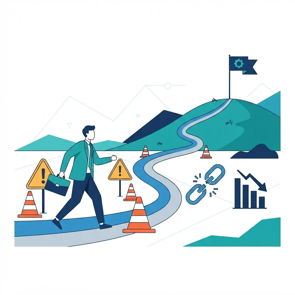 Businessperson navigating around warning cones and hazards toward a goal flag
