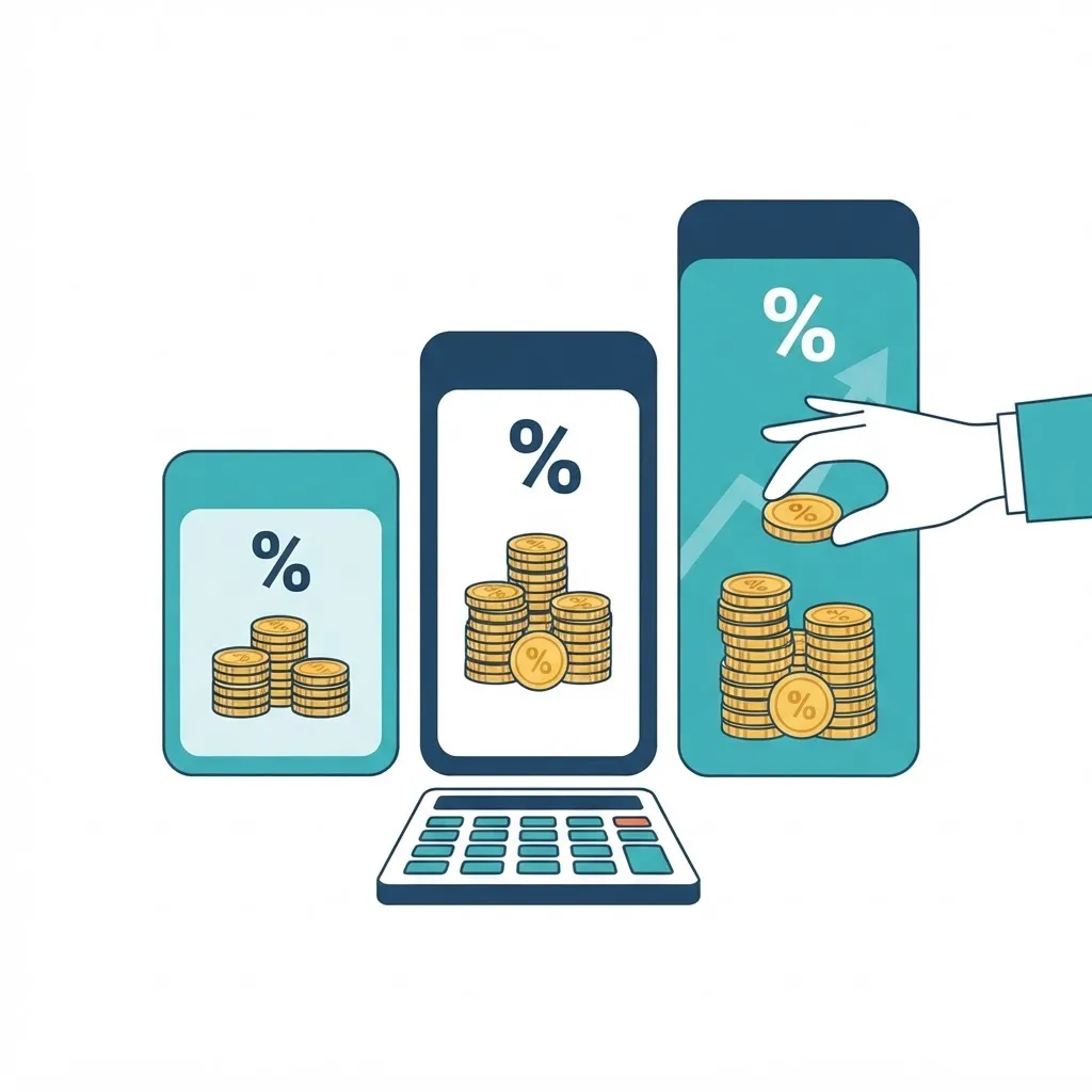 Pricing tier cards with coins and a calculator representing wholesale versus retail margin