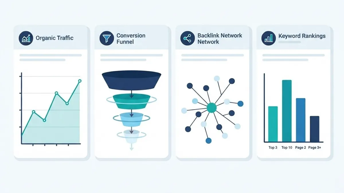 White label SEO report metrics laid out in cards