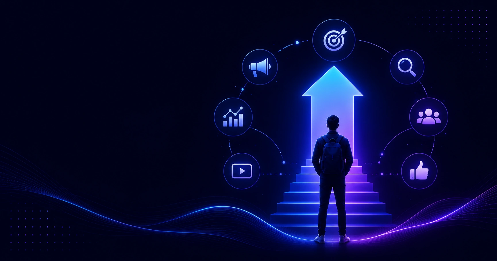 Digital marketer working with SEO, social media, and analytics icons