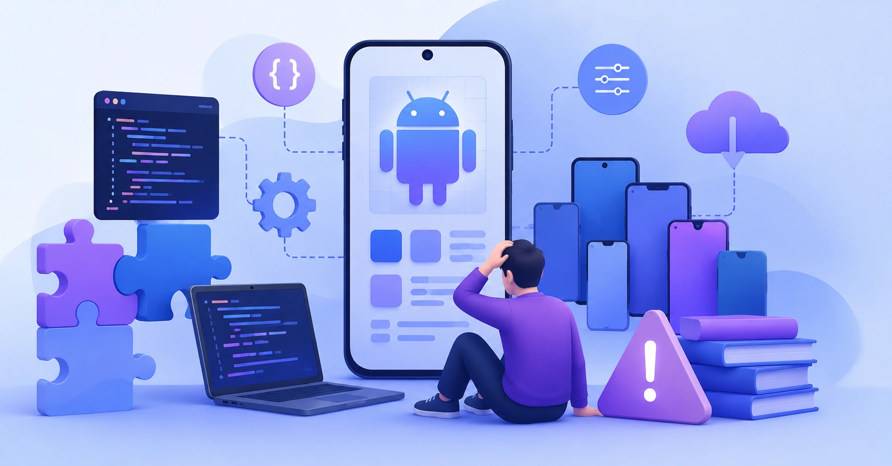 Android developer surrounded by many different devices