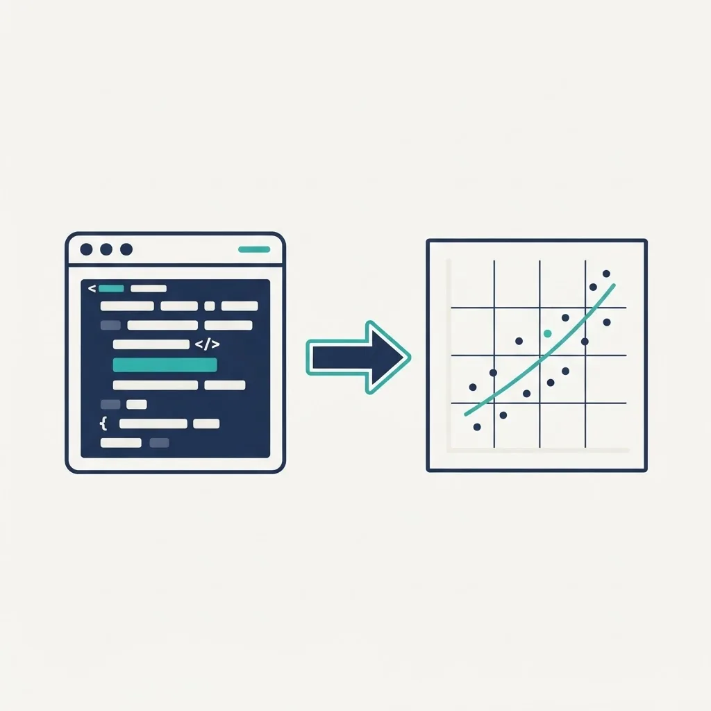 Code editor beside a scatter plot with a fitted trend line, showing theory turning into practice