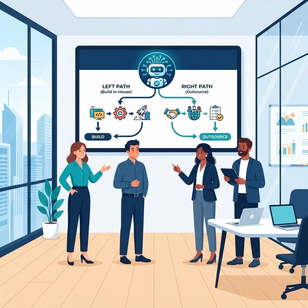 Business team weighing whether to build AI in-house or outsource it