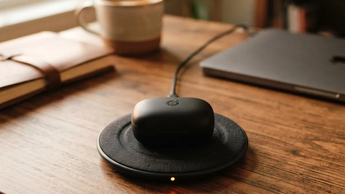 Wireless earbuds charging case on a wireless charging pad