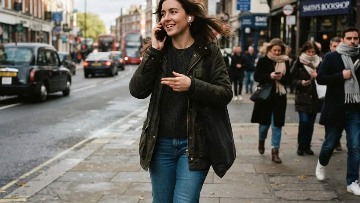 Person taking a phone call outdoors with wireless earbuds in wind