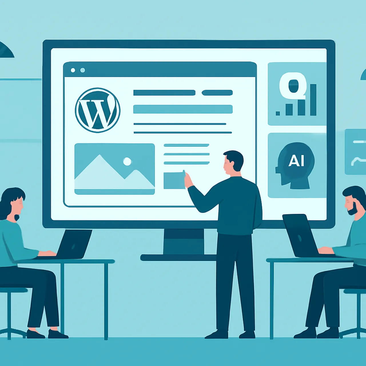 Internet services company team reviewing a WordPress and AI analytics screen