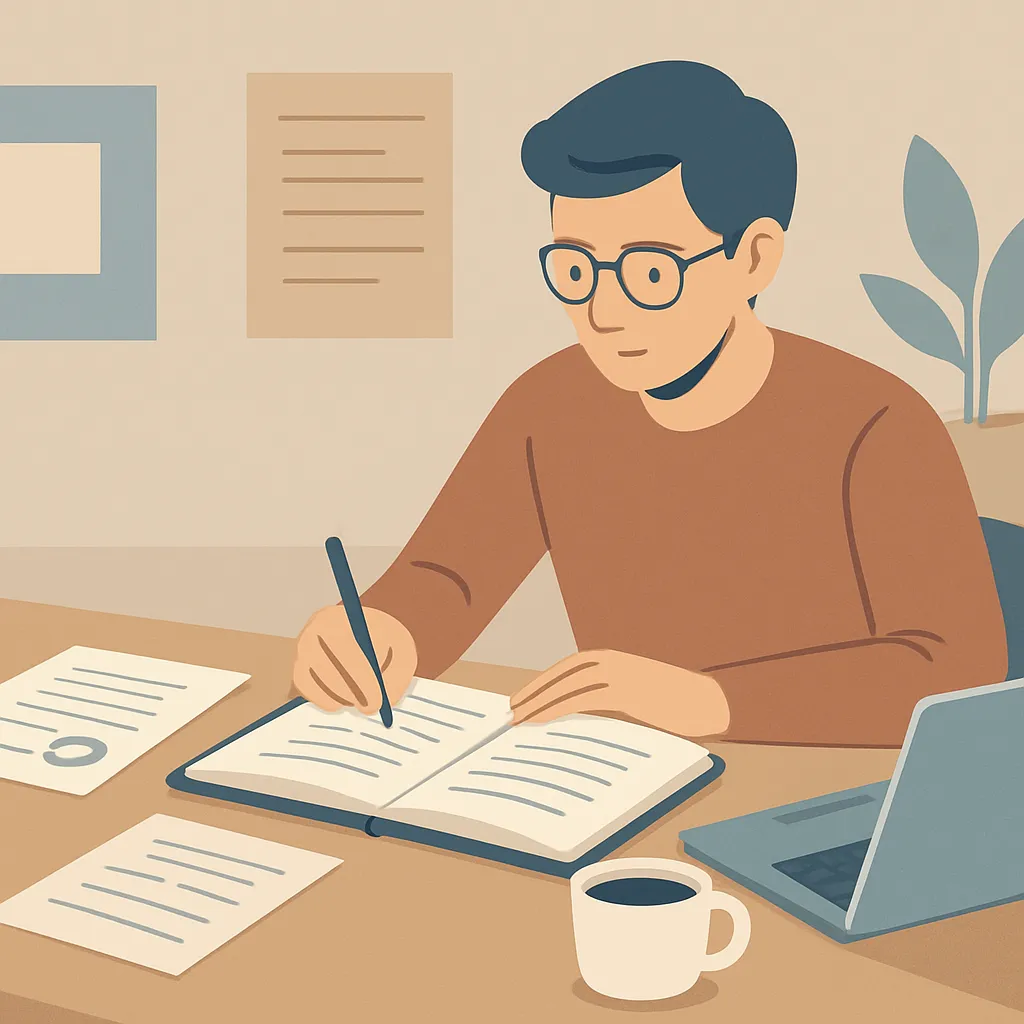 Writer planning expert SEO content at a desk with research notes and laptop