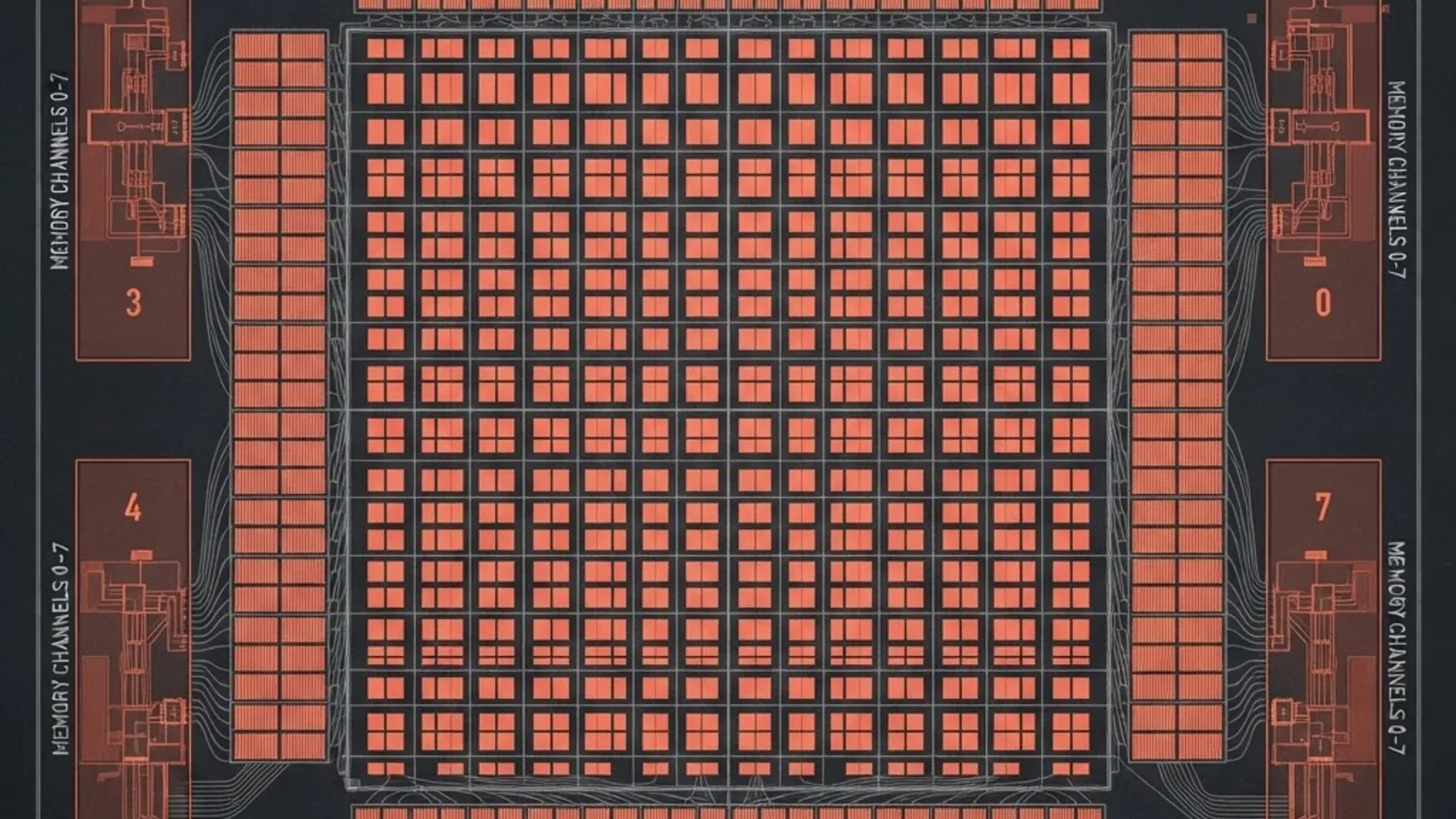 Processor die floorplan showing core grid, cache banks, and memory channels
