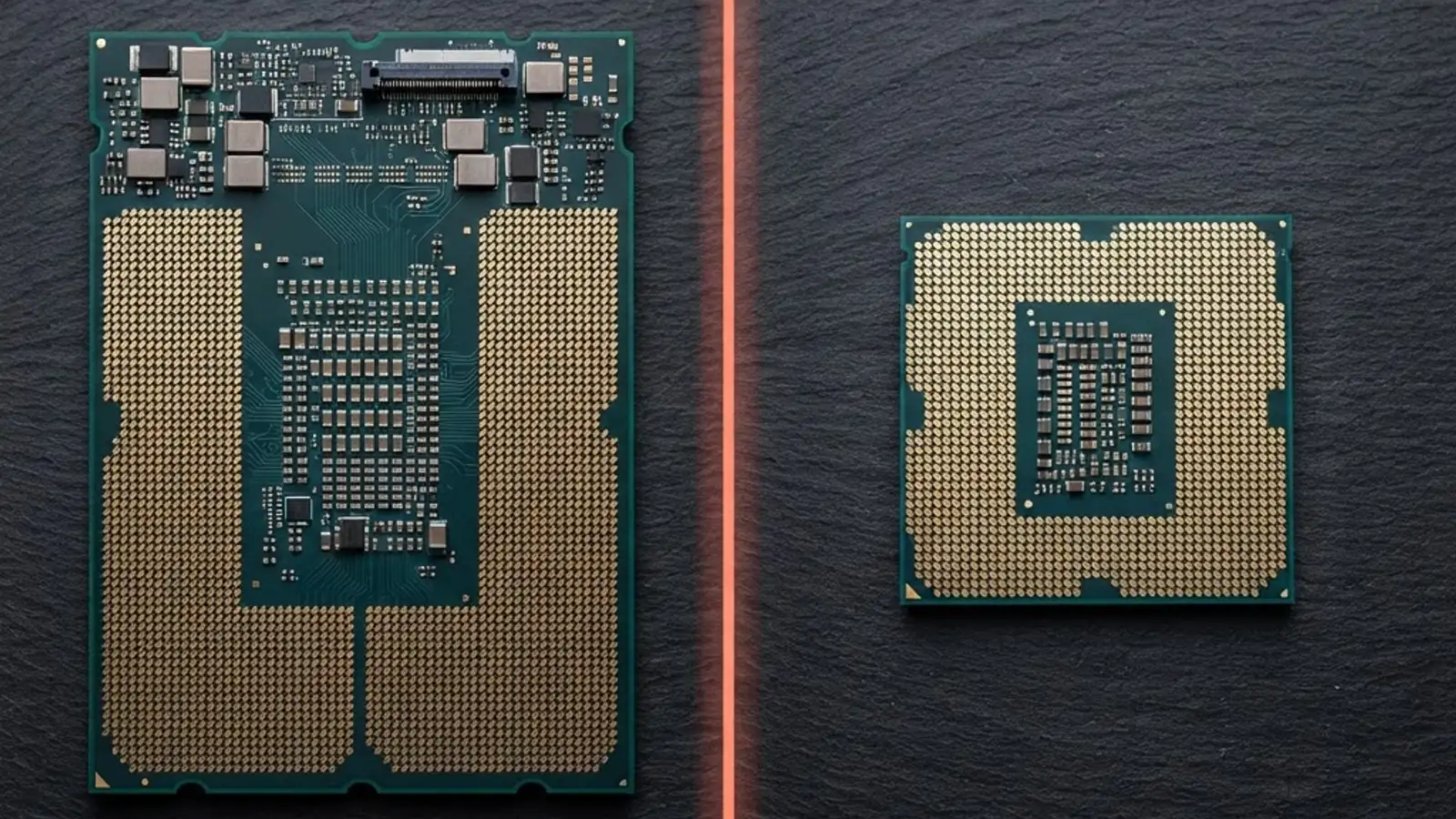 Side-by-side comparison of a large server CPU and a smaller desktop CPU